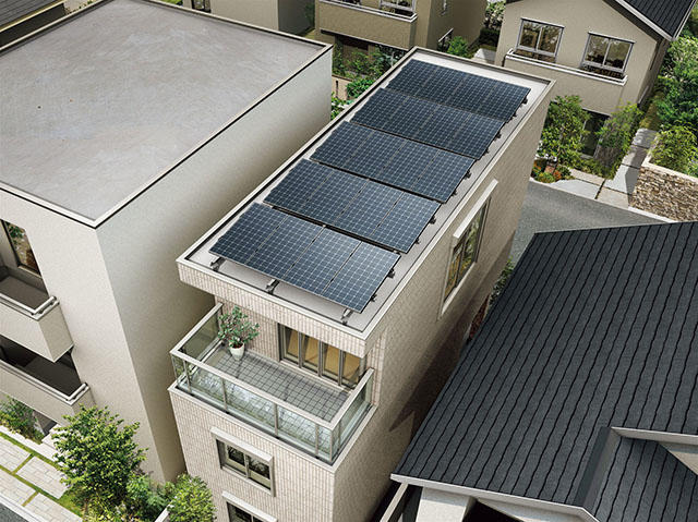 都市部の狭小3階建てに太陽光発電を約5kWを搭載しZEHを実現