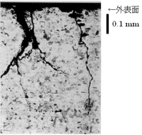 写真２．割れ発生部の断面金属顕微鏡写真
(すきま腐食を起点として粒内型応力腐食割れが発生)