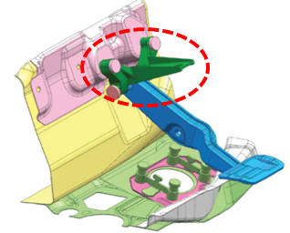 ガラス繊維強化ポリアミド66製超軽量ペダルブラケットのCAE設計画面（緑色部分）