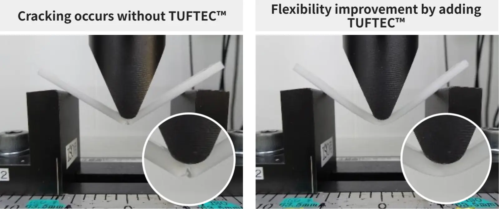 Without TUFTEC™ cracking occurs. With TUFTEC™ flexural properties are improved.