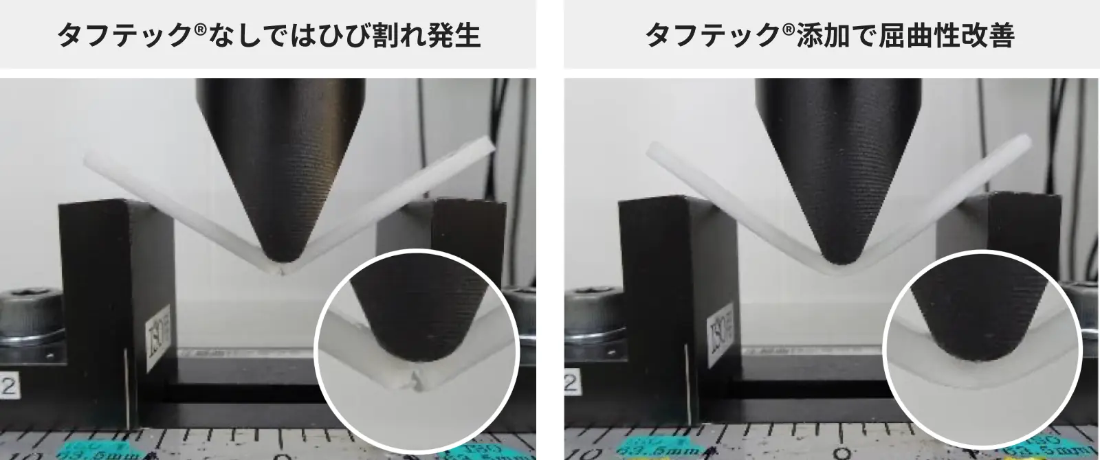 タフテック®なしはひび割れ　タフテック®添加で屈曲性改善