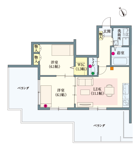 E type | 2LDK | 専有面積: 57.11㎡