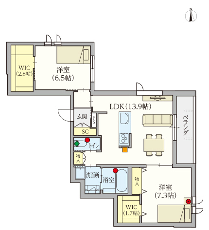 F type | 2LDK | 専有面積: 70.76㎡