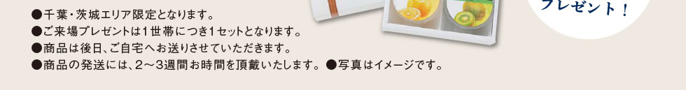 ●千葉・茨城エリア限定となります。●ご来場プレゼントは1世帯につき1セットとなります。●商品は後日、ご自宅へお送りさせていただきます。●商品の発送には、2～3週間お時間を頂戴いたします。 ●写真はイメージです。