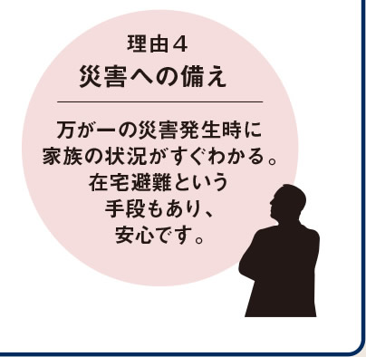 [理由４　災害への備え ]　万が一の災害発生時に家族の状況がすぐわかる。在宅避難という手段もあり、安心です。
