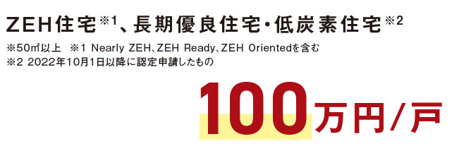 ZEH住宅、長期優良住宅・低炭素住宅　100万円／戸