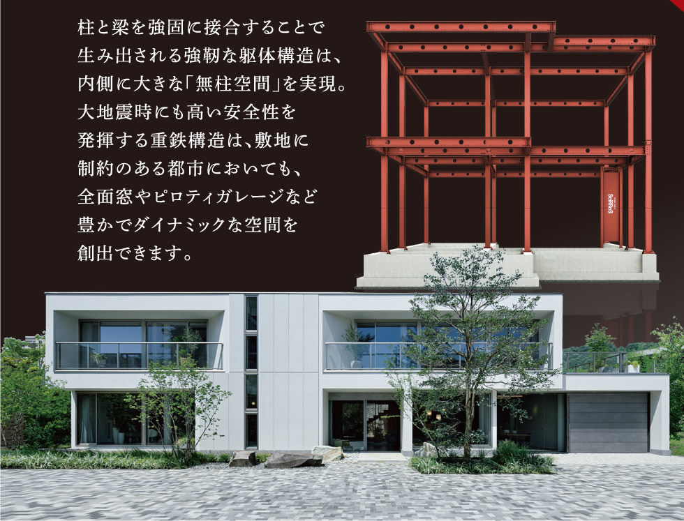 柱と梁を強固に接合することで生み出される強靭な躯体構造は、内側に大きな「無柱空間」を実現。大地震時にも高い安全性を発揮する重鉄構造は、敷地に制約のある都市においても、全面窓やピロティガレージなど豊かでダイナミックな空間を創出できます。