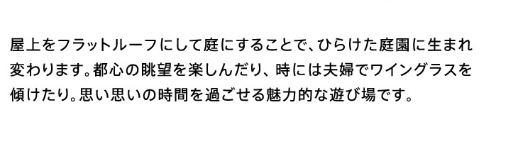 屋上をフラットルーフにして庭にすることで、ひらけた庭園に生まれ変わります。都心の眺望を楽しんだり、時には夫婦でワイングラスを傾けたり。思い思いの時間を過ごせる魅力的な遊び場です。