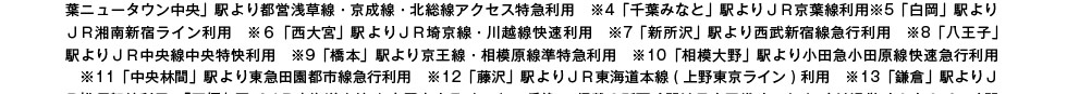 ※3「千葉ニュータウン中央」駅より都営浅草線・京成線・北総線アクセス特急利用　※4「千葉みなと」駅よりＪＲ京葉線利用※5「白岡」駅よりＪＲ湘南新宿ライン利用　※６「西大宮」駅よりＪＲ埼京線・川越線快速利用　※7「新所沢」駅より西武新宿線急行利用　※8「八王子」駅よりＪＲ中央線中央特快利用　※9「橋本」駅より京王線・相模原線準特急利用　※10「相模大野」駅より小田急小田原線快速急行利用　※11「中央林間」駅より東急田園都市線急行利用　※12「藤沢」駅よりＪＲ東海道本線(上野東京ライン)利用