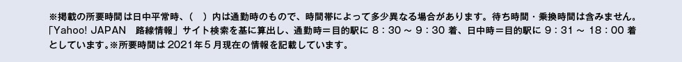 ※掲載の所要時間は日中平常時、（　）内は通勤時のもので、時間帯によって多少異なる場合があります。待ち時間・乗換時間は含みません。「Yahoo! JAPAN　路線情報」サイト検索を基に算出し、通勤時＝目的駅に8：30～9：30着、日中時＝目的駅に9：31～18：00着としています。※所要時間は2021年5月現在の情報を記載しています。