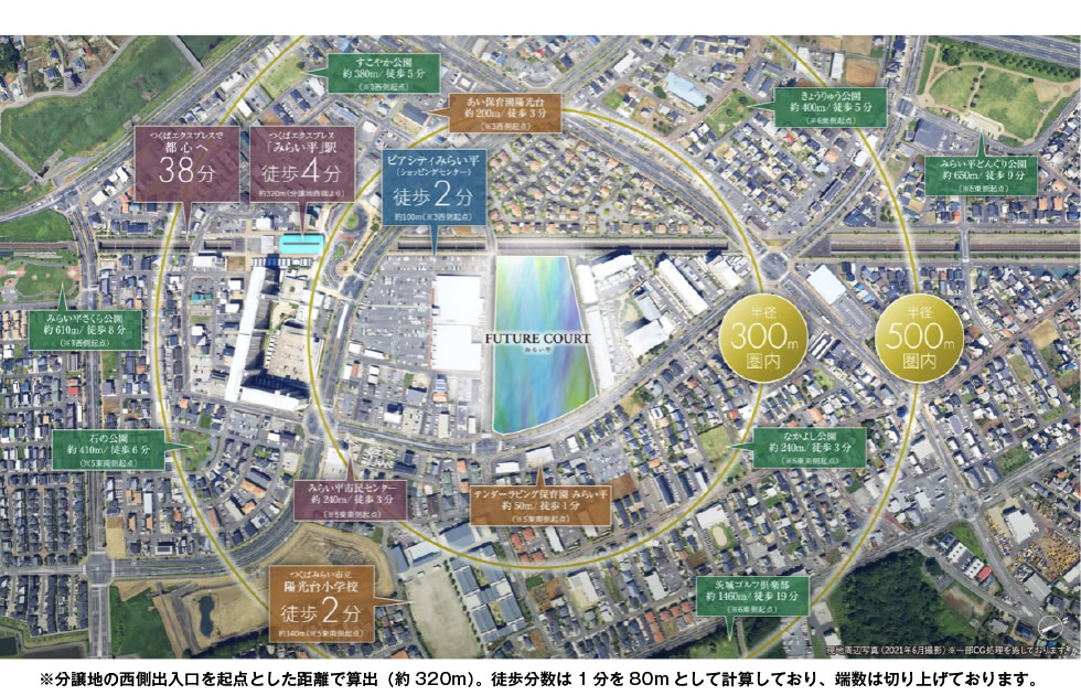 ※分譲地の西側出入口を起点とした距離で算出（約320m）。徒歩分数は1分を80mとして計算しており、端数は切り上げております。