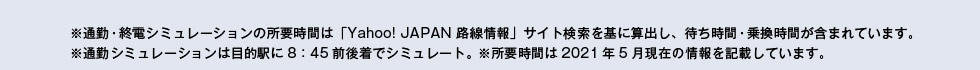 ※通勤・終電シミュレーションの所要時間は「Yahoo! JAPAN 路線情報」サイト検索を基に算出し、待ち時間・乗換時間が含まれています。 ※通勤シミュレーションは目的駅に8：45前後着でシミュレート。 ※所要時間は2021年5月現在の情報を記載しています。