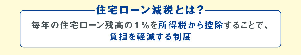 住宅ローン減税とは？：毎年の住宅ローン残高の１％を所得税から控除することで、負担を軽減する制度