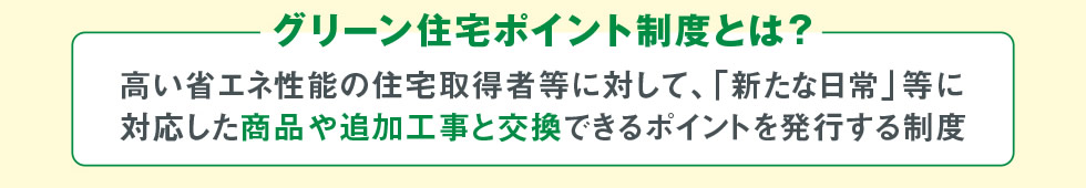 グリーン住宅ポイント制度とは？：高い省エネ性能の住宅取得者等に対して、「新たな日常」等に対応した商品や追加工事と交換できるポイントを発行する制度