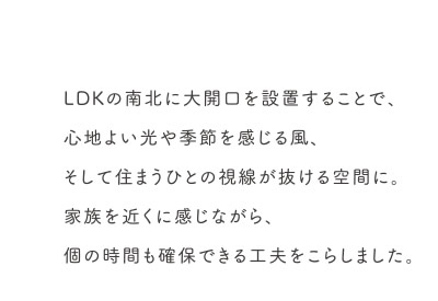 LDKの南北に大開口を設置することで、心地よい光や季節を感じる風、そして住まうひとの視線が抜ける空間に。家族を近くに感じながら、個の時間も確保できる工夫をこらしました。