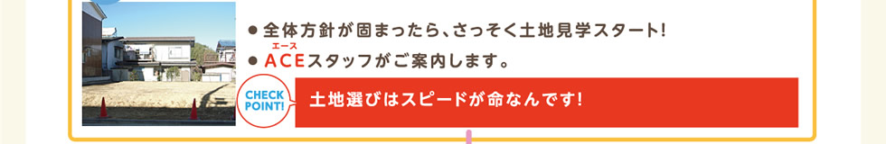 ● 全体方針が固まったら、さっそく土地見学スタート！● ＡＣＥスタッフがご案内します。 | 土地選びはスピードが命なんです！