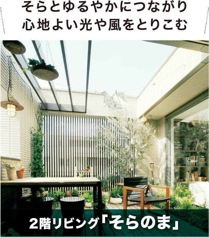 そらとゆるやかにつながり心地よい光や風をとりこむ 2階リビング「そらのま」