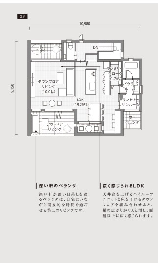 [2F] 深い軒のベランダ：深い軒が強い日差しを遮るベランダは、自宅にいながら開放的な時間を過ごせる第二のリビングです。　|　広く感じられるLDK：天井高を上げるハイルーフユニットと床を下げるダウンフロアを組み合わせると、縦の広がりがぐんと増し、面積以上に広く感じられます。