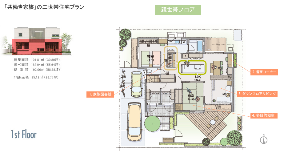 例　「共働き家族」の二世帯住宅プラン