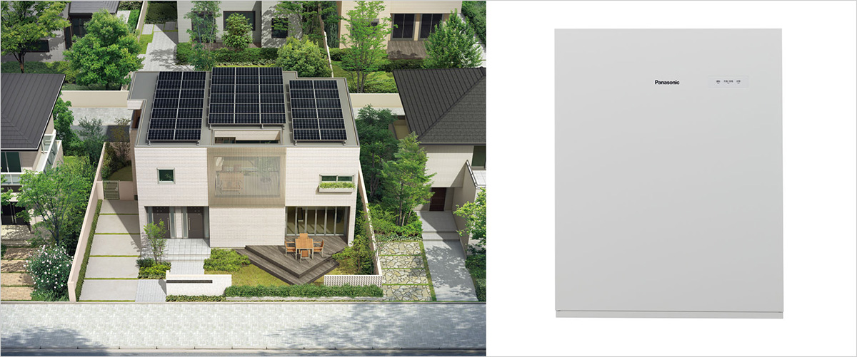 ヘーベルハウスLONGLIFE IS BEAUTIFUL トータルレジリエンス 屋上に太陽光パネルを設置したイメージとエネファーム 