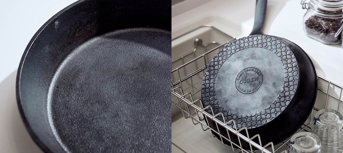 ヘーベルハウス三鷹展示場のキッチンで撮影した及源鋳造のネイキッドフィニッシュ製法でつくられたフライパン