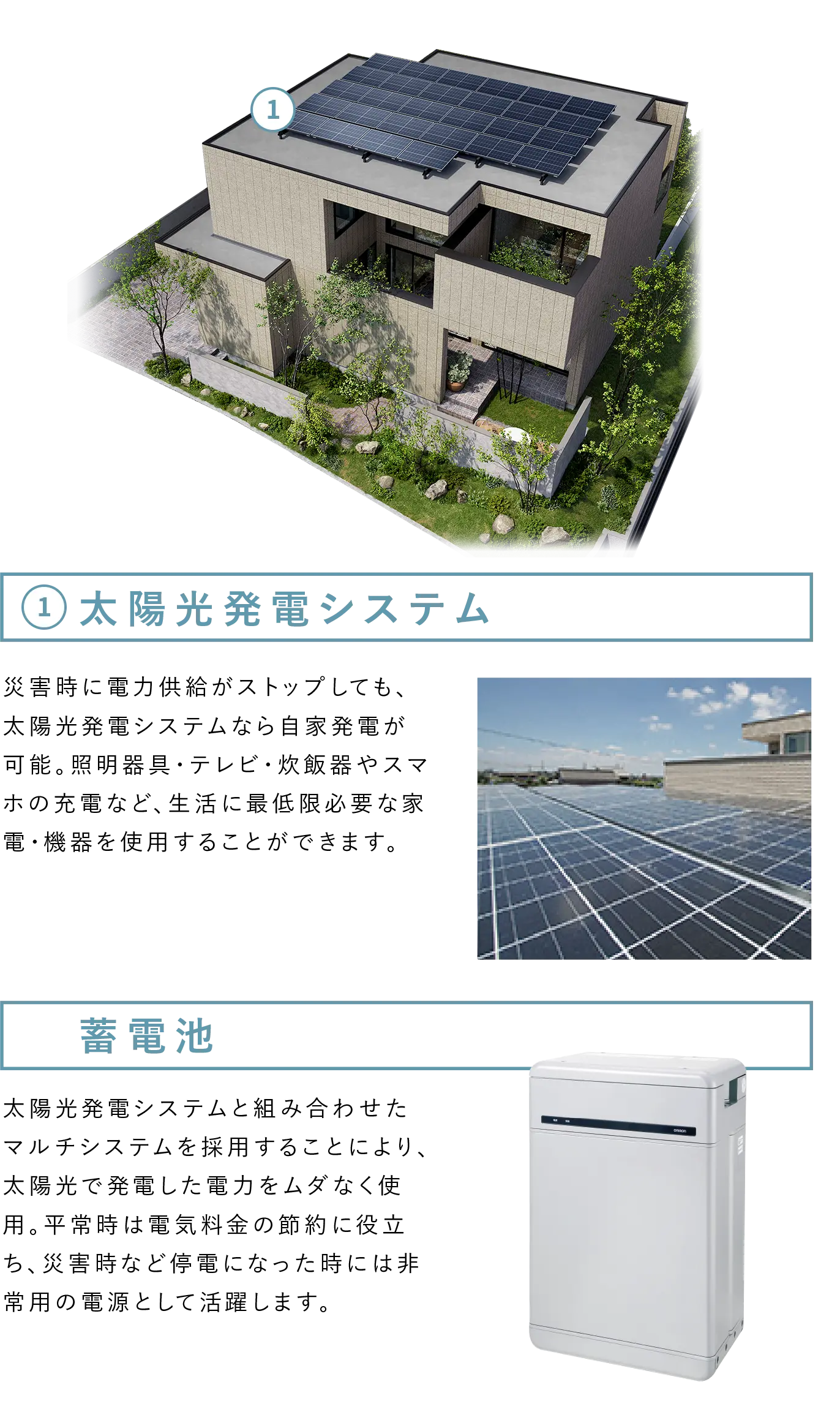 太陽光発電システム 災害時に電力供給がストップしても、太陽光発電システムなら自家発電が可能。照明器具・テレビ・炊飯器やスマホの充電など、生活に最低限必要な家電・機器を使用することができます。　蓄電池 太陽光発電システムと組み合わせたマルチシステムを採用することにより、太陽光で発電した電力をムダなく使用。平常時は電気料金の節約に役立ち、災害時など停電になった時には非常用の電源として活躍します。