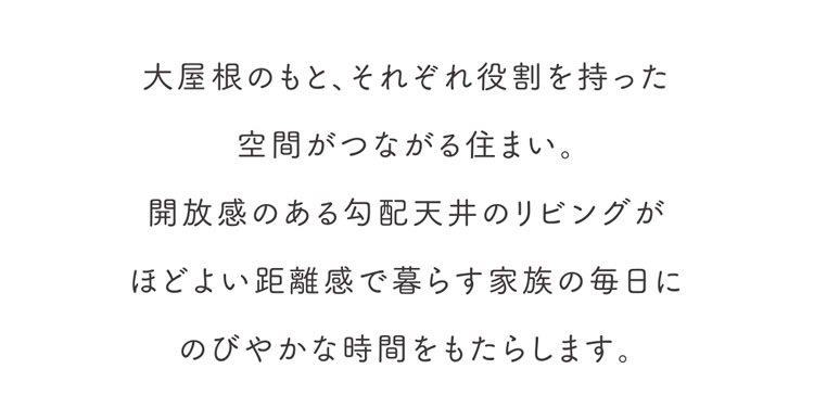 大屋根のもと、それぞれ役割を持った空間がつながる住まい。開放感のある勾配天井のリビングがほどよい距離感で暮らす家族の毎日にのびやかな時間をもたらします。