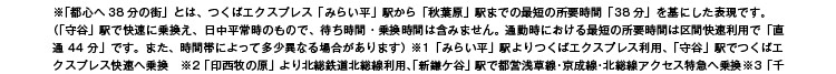 ※「都心へ38分の街」とは、つくばエクスプレス「みらい平」駅から「秋葉原」駅までの最短の所要時間「38分」を基にした表現です。（「守谷」駅で快速に乗換え、日中平常時のもので、待ち時間・乗換時間は含みません。通勤時における最短の所要時間は区間快速利用で「直通44分」です。また、時間帯によって多少異なる場合があります） ※1「みらい平」駅よりつくばエクスプレス利用、「守谷」駅でつくばエクスプレス快速へ乗換　※2「印西牧の原」より北総鉄道北総線利用、「新鎌ケ谷」駅で都営浅草線・京成線・北総線アクセス特急へ乗換