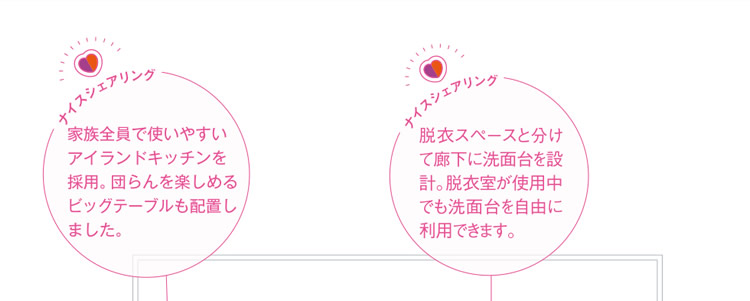 家族全員で使いやすいアイランドキッチンを採用。団らんを楽しめるビッグテーブルも配置しました。／脱衣スペースと分けて廊下に洗面台を設置。脱衣室が使用中でも洗面台を自由に利用できます。