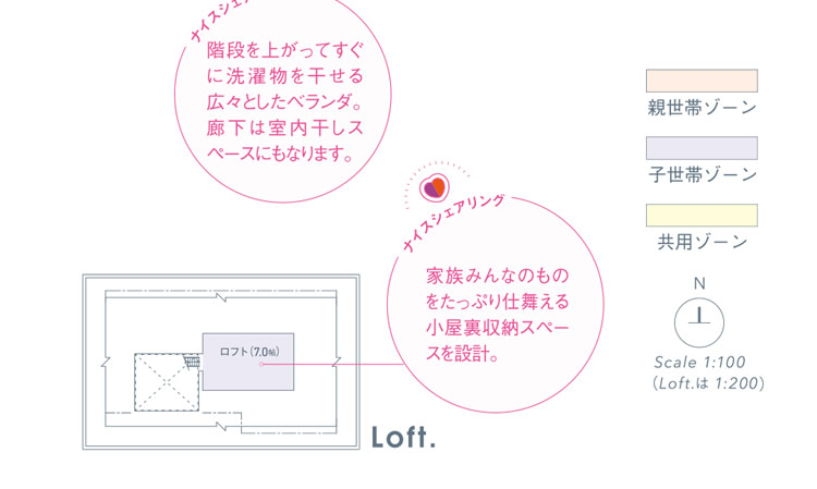 階段を上がってすぐに洗濯物を干せる広々としたベランダ。廊下は室内物干しスペースにもなります。／家族みんなのものをたっぷり仕舞える小屋裏収納スペースを設計。