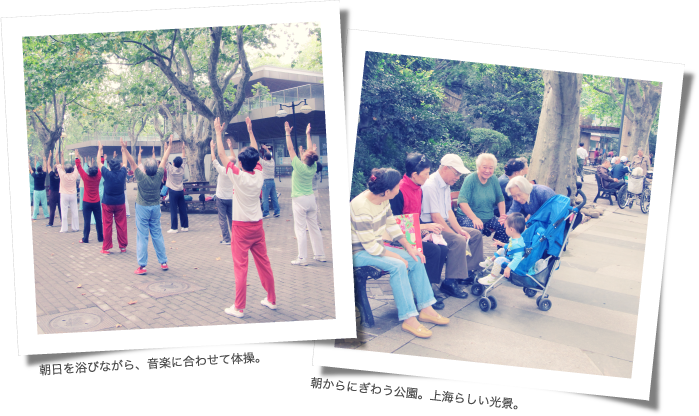 朝日を浴びながら、音楽に合わせて体操。　朝からにぎわう公園。上海らしい光景。