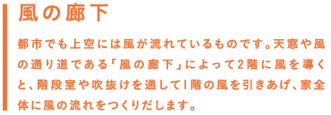 風の廊下／都市でも上空には風が流れているものです。天窓や風の通り道である「風の廊下」によって2階に風を導くと、階段室や吹抜けを通して1階の風を引きあげ、家全体に風の流れをつくりだします。