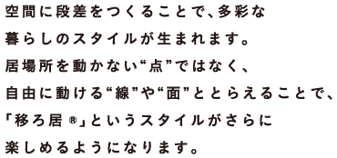 空間に段差をつくることで、多彩な暮らしのスタイルが生まれます。居場所を動かない「点」ではなく、自由に動ける「線」や「面」ととらえることで、「移ろ居R」というスタイルがさらに楽しめるようになります。