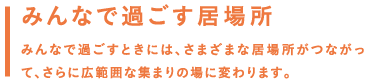 みんなで過ごす居場所／みんなで過ごすときには、さまざまな居場所がつながって、さらに広範囲な集まりの場に変わります。