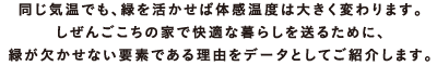 同じ気温でも、緑を活かせば体感温度は大きく変わります。しぜんごこちの家で快適な暮らしを送るために、緑が欠かせない要素である理由をデータとしてご紹介します。