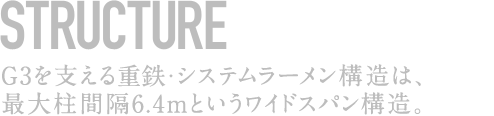 FREX G3 STRUCTURE G3を支える重鉄・システムラーメン構造は、最大柱間隔6.4mというワイドスパン構造。