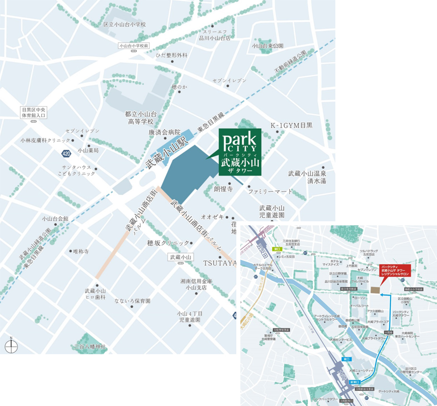 「パークシティ武蔵小山 ザ タワー」 建設地・レジデンシャルサロン案内図