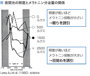 夜間光の照度とメラトニン分泌量の関係