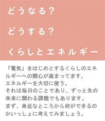 「電気」をはじめとするくらしのエネルギーへ関心が高まってます。エネルギーを大切に使う。それは毎日のことであり、ずっと先の未来に関わる課題でもあります。まず、身近なところから何ができるのかいっしょに考えてみましょう。