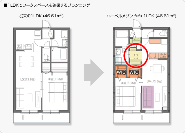 ■1LDKでワークスペースを確保するプランニング